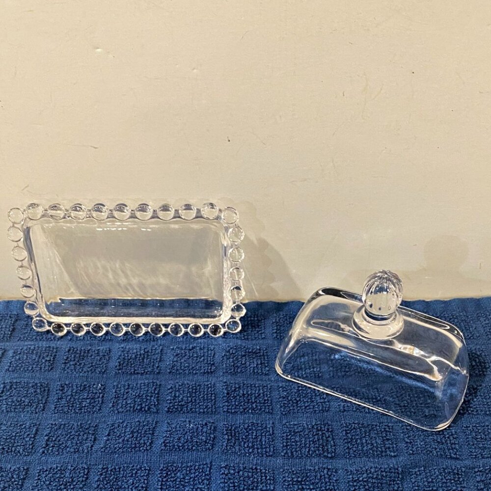 Clear Glass Butter Dish Tiny Candlewick Beaded Very Small - Picture 2 of 4